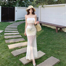 批发实拍纯欲风性感白色网纱抹胸<b class='q'>连衣裙</b>女气质收腰海边度假包臀长裙子