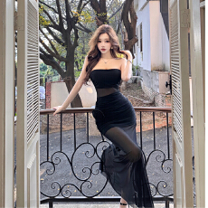 批发实拍纯欲度假风出游bi备飘逸抹胸裙女收腰网纱长裙辣妹包臀<b class='q'>连衣裙</b>