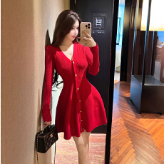批发实拍纯欲辣妹性感跨年战袍毛衣<b class='q'>连衣裙</b>女秋冬V领针织红色<b class='q'>蓬蓬</b>裙子