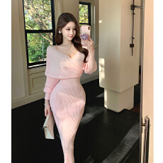 批发实拍心动情书冬季新款韩系性感辣妹名媛气质风V领针织<b class='q'>连衣裙</b>长裙