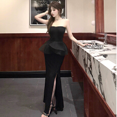 批发实拍纯欲风荷叶边成人礼礼服长裙春夏新款辣妹修身包臀抹胸<b class='q'>连衣裙</b>