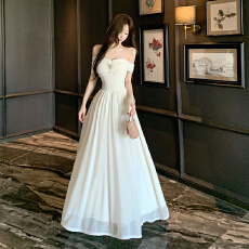 批发实拍白月光仙女裙生日宴会礼服长裙子纯欲气质网纱抹胸大摆连衣裙