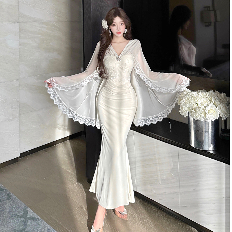 RY8264# 实拍法式气质鱼骨雪纺女神连衣裙春夏新款皱褶显瘦包臀披肩长裙...