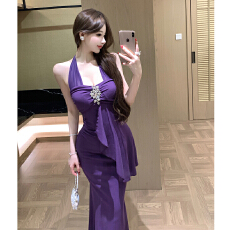 批发实拍法式晚<b class='q'>礼服</b>高端轻奢气质名媛御姐<b class='q'>性感</b>镶钻飘带吊带连衣裙女夏