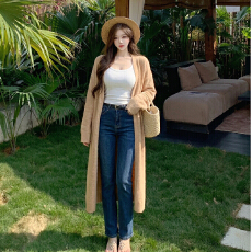 批发实拍慵懒风早春新款韩版V领<b class='q'>中长款</b>针织衫开衫女过膝宽松<b class='q'>毛衣</b>外套