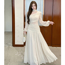 批发实拍【浮光纯色】法式<b class='q'>长袖</b>度假网纱拼接连衣<b class='q'>裙</b>气质斜领纯欲包臀<b class='q'>裙</b>