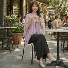 批发实拍设计感不规则雪纺衫<b class='q'>长袖</b>防晒衬衫上衣女春夏皱褶显瘦半身裙子