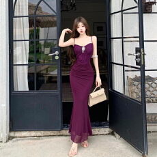 批发实拍重工鱼骨蕾丝拼接吊带连衣裙女夏纯欲性感气质收腰鱼尾<b class='q'>长裙</b>子