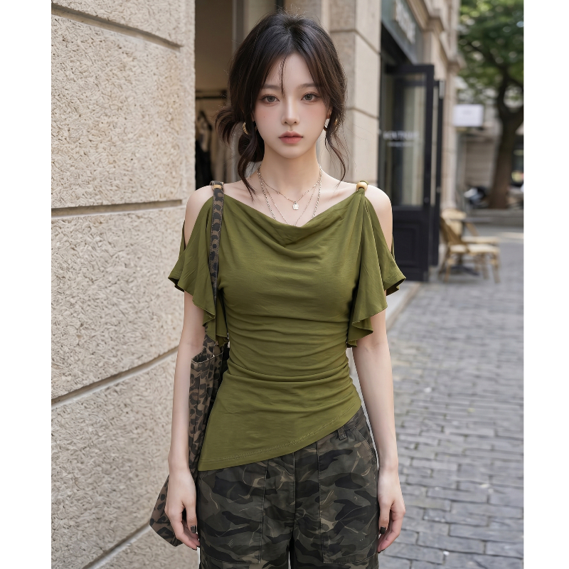 RY8265# 实拍大货多巴胺绿色荡领荷叶边露肩T恤女夏穿搭辣妹收腰显瘦上衣