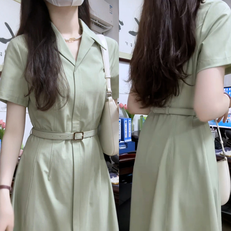 FA36526# 法式绿色衬衫连衣裙子女夏季新款爆款学院风气质通勤穿搭长裙 服裝批發女裝批發服飾貨源