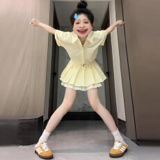 批发黄色学院风短袖衬衫连衣裙子女夏季2025新款小个子法式短裙<b class='q'>两件</b>套
