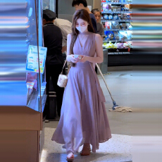 批发法式气质紫色<b class='q'>无袖</b>V领仙女连衣裙子女夏2025新款<b class='q'>雪纺</b>收腰显瘦长裙