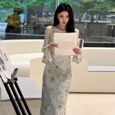 批发2025新款新中式绿色碎花长袖<b class='q'>连衣裙</b>子早秋季国风女装修身收腰长裙