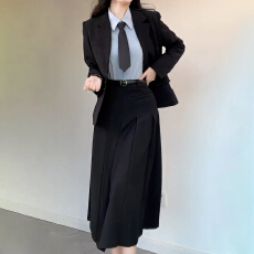 批发黑色西装半身裙女春秋季2025新款小个子高腰显瘦a字中长款百褶裙