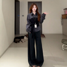 批发2025新款韩系复古假两件<b class='q'>格子</b><b class='q'>衬衫女</b>早秋季设计感衬衣收腰绑带上衣