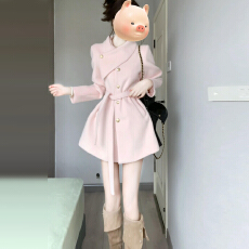 批发韩系高级感蓝色毛呢外套女秋冬季2025新款加厚设计感收腰呢子大衣