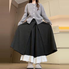 批发2025新款蕾丝拼接灰色半身裙子女秋冬季miu系假两件高腰a字长裙裤