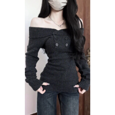 批发灰色一字肩针织毛衣女秋冬2025年新款韩系辣妹慵懒风软糯露肩上衣