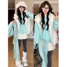 批发白色立领羊羔毛绒背心马甲女2025新款秋冬毛衣叠穿针织开衫一整套