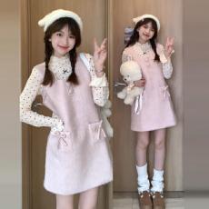 批发法式粉色毛呢<b class='q'>背心</b>连衣裙子女秋冬季2025新款小个子巨好看短裙套装