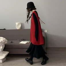 批发两件套装新年背带连衣裙子法式桔梗茶系穿搭长裙早秋季2025新款女