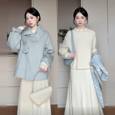 批发2025新款法式温柔风白色针织毛衣连衣裙子秋冬季大衣内搭长裙套装