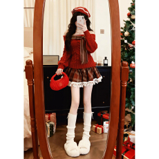 批发圣诞穿搭红色<b class='q'>一字肩</b>毛衣套装连衣裙子女秋冬季2025新款短裙一整套