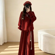 批发圣诞穿搭红色富家千金穿搭冬2025新款韩系高级感巨好看针织一整套