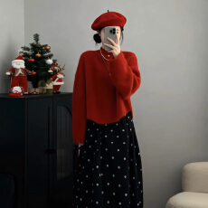 批发圣诞新年战袍红色毛衣连衣裙子女秋冬2025新款穿搭一整套长裙套装
