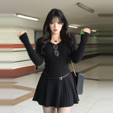 批发法式黑色<b class='q'>长袖</b>针织<b class='q'>连衣</b>裙子女秋冬季2025新款高级感巨好看收腰短裙