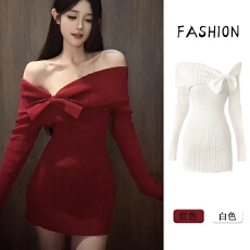 批发红色<b class='q'>一字肩</b>蝴蝶结毛衣针织<b class='q'>连衣裙</b>子女秋冬季新年穿搭辣妹包臀短裙