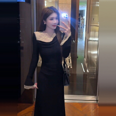 批发2025新款法式荡领黑色长袖<b class='q'>连衣裙</b>子女秋冬季<b class='q'>蕾丝</b>拼接气质收腰长裙