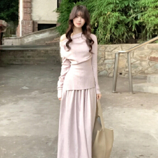 法式粉色针织套装连衣裙子女秋冬季2026新款巨好看冬装一整套长裙