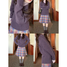 批发2025新款韩系独特<b class='q'>紫色</b>系穿搭<b class='q'>连衣裙</b>子秋冬季针织内搭格纹半裙套装