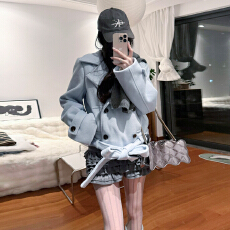 批发英伦风双排扣中短款<b class='q'>毛呢</b>外套2025新款秋冬季夹棉呢子大衣女小个子