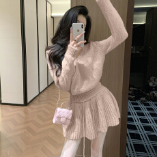 批发2025新款粉色miu系穿搭针织<b class='q'>连衣裙</b>子秋冬季气质收腰毛衣套装短裙