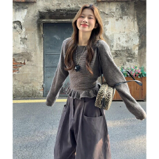 批发法式<b class='q'>荷叶边</b>灰色斜肩套头<b class='q'>毛衣</b>女秋冬慵懒风收腰内搭露肩针织衫上衣