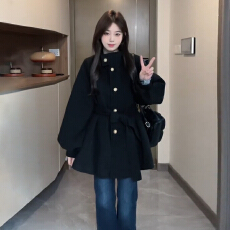 批发韩系黑色系带立领短款毛呢外套女2026新款冬季加厚小个子呢子大衣