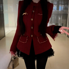 批发韩系富家千金风名媛红色小香风外套女2026新款气质显瘦巨好看西装