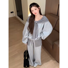 批发老钱风运动套装女春季松弛感宽松华夫格V领卫衣时尚阔腿裤两件套