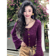 批发法式温柔风紫色绞花蝴蝶结扣毛衣女冬2026新款跨年巨好看内搭上衣