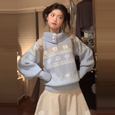 批发费尔岛蓝色高领针织衫毛衣女秋冬季2026新爆款独特漂亮miu系上衣