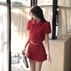 批发红色娃娃领针织<b class='q'>连衣裙</b>子女巨好看搭配一整套a<b class='q'>字</b>短裙套装新年战袍