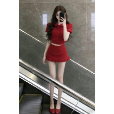 批发红色娃娃领针织<b class='q'>连衣裙</b>子女巨好看搭配一整套a<b class='q'>字</b>短裙套装新年战袍