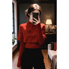 批发新中式红色毛衣套装女2026秋<b class='q'>冬</b>新款跨年新年穿搭斗篷式针织衫上衣