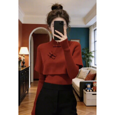 批发新中式红色毛衣套装女2026秋<b class='q'>冬</b>新款跨年新年穿搭斗篷式针织衫上衣