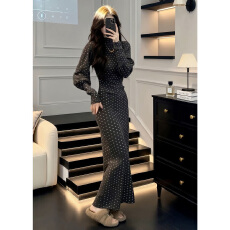 批发韩系复古印花<b class='q'>灯笼</b>袖长袖连衣<b class='q'>裙</b>女新款半高领气质打底长<b class='q'>裙</b><b class='q'>收腰</b>显瘦