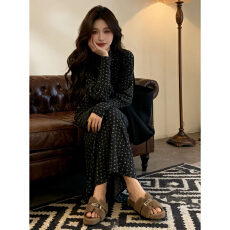 批发韩系复古印花<b class='q'>灯笼</b>袖长袖连衣<b class='q'>裙</b>女新款半高领气质打底长<b class='q'>裙</b><b class='q'>收腰</b>显瘦