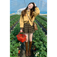 批发2026秋<b class='q'>冬</b>黄色针织毛衣开衫格纹半身短裙子女巨好看一整套韩系穿搭