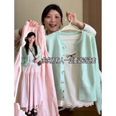 批发2026新款韩系绿色长袖<b class='q'>针织衫</b>上衣女早秋季<b class='q'>宽松</b>慵懒风毛衣开衫外套